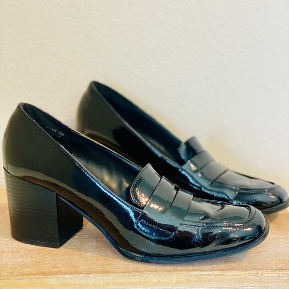 Women's Black Patent Leather Loafers Size 8.5 – Block Chunky Heel Dress Shoes - Picture 1 of 5